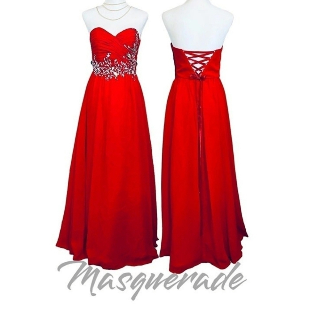 MASQUEDARE red strapples long evening prom dress size 3/4